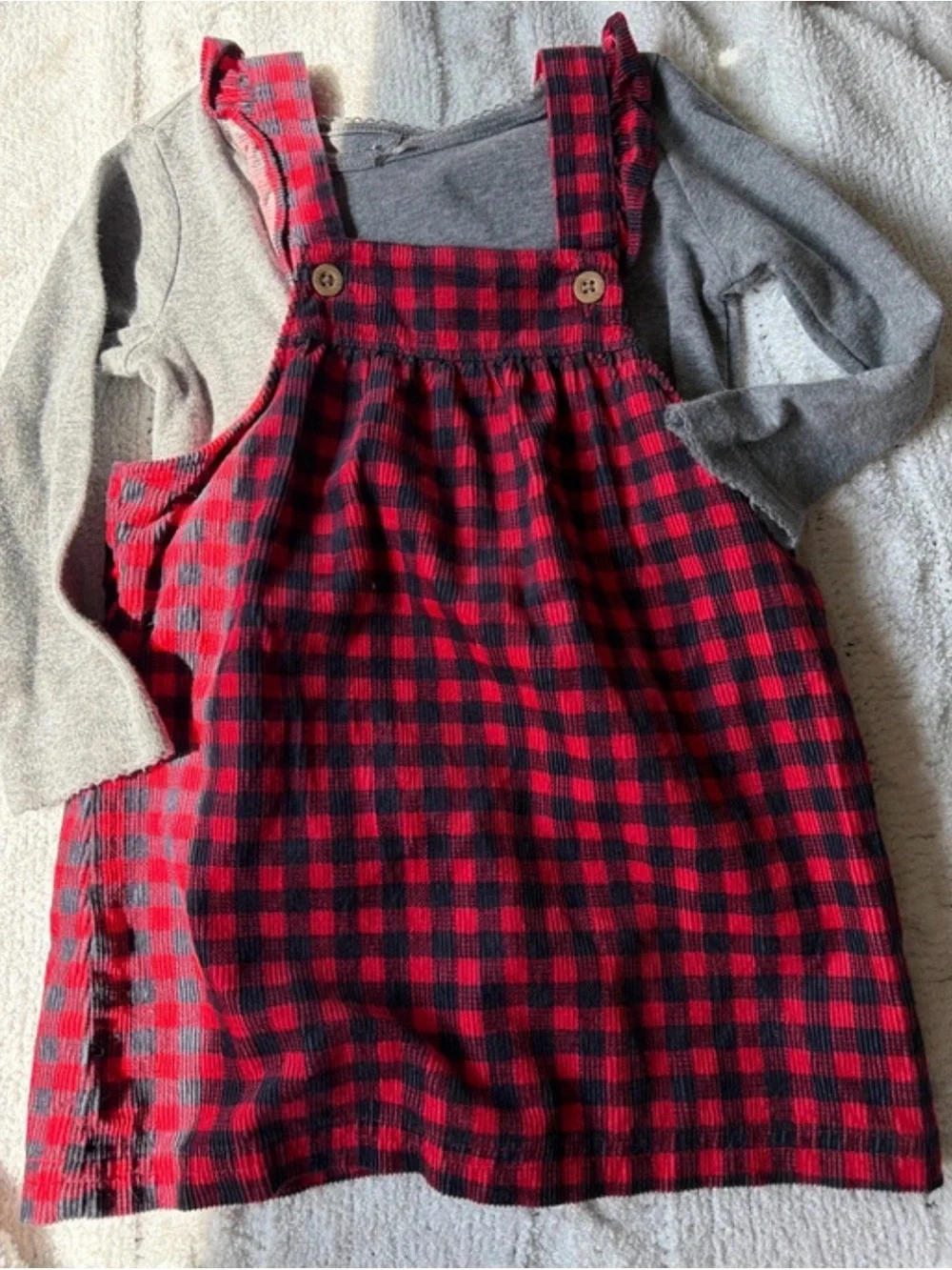 Carter’s Baby Girl Red Plaid Jumper Dress & Gray Shirt Set -18 months